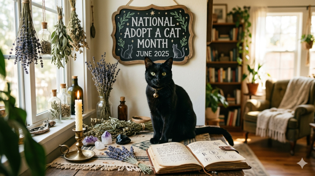 A black cat wearing a small bell collar sits on a rustic wooden desk in a sunlit room, positioned in front of an open grimoire, crystals, and a lit candle, with a hanging sign that reads "National Adopt a Cat Month June 2025" on the wall behind.