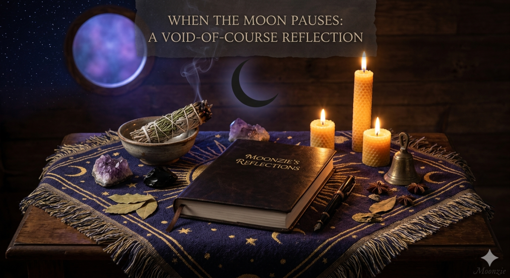 A mystical setup on a wooden table featuring a leather-bound journal titled "Moonzie’s Reflections," surrounded by beeswax candles, crystals, a smoking sage bundle in a small bowl, a brass bell, and star anise, all set upon an indigo altar cloth featuring golden celestial motifs, with a circular window showing a starry night sky in the background.