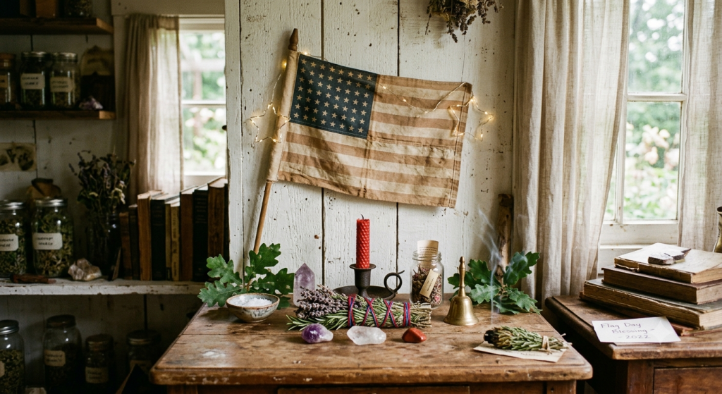 A rustic wooden table set up for a Flag Day ritual, featuring an aged American flag draped behind a red beeswax candle, crystals, a bundle of dried herbs, and a small brass bell.