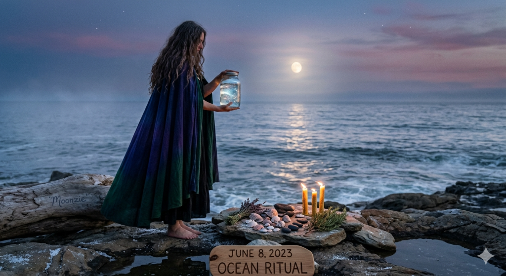 A witch in a dark, flowing cloak stands on a rocky shore at twilight, holding a glowing jar of ocean water under a full moon, with a ritual altar of shells, candles, and herbs set on the rocks.