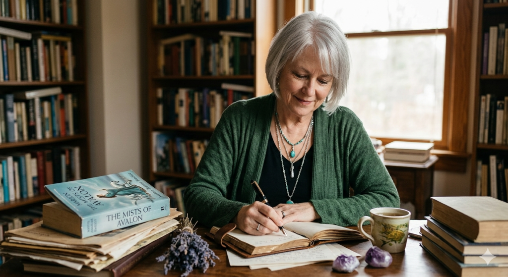 A woman with silver hair wearing a green cardigan sits at a wooden desk writing in a leather journal, surrounded by stacks of books, including 'The Mists of Avalon,' dried lavender, and crystals.