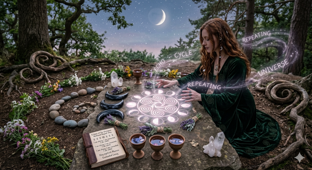 A witch in a green velvet gown kneels in a twilight forest before a stone altar. Her hands glow with magic over a glowing spiral and moon-phase diagram. The scene features repeating groups of three: three crescent moons, three clay chalices, three lavender bundles, and a leather journal. A stone spiral path, wild flowers, and a crescent moon in the starry sky complete the mystical setting, with glowing words "ECHO," "CYCLE," "REPEATING," and "UNIVERSE" floating in the air.