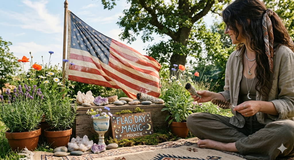 A woman sitting cross-legged on an outdoor blanket next to a rustic wooden altar featuring an American flag, raw crystals, lavender plants, and a handmade sign that reads 'Flag Day Magic - Moonzie'.