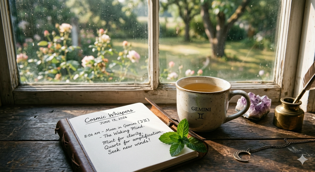 A close-up, wide-angle shot of a rustic wooden windowsill featuring an open leather-bound journal with handwritten astrological notes, a ceramic mug labeled "Gemini" with the ♊ symbol, a small branch of fresh mint, an amethyst crystal cluster, an inkwell with a quill, and a crescent moon necklace. A sunlit garden filled with blooming roses is visible through the window.