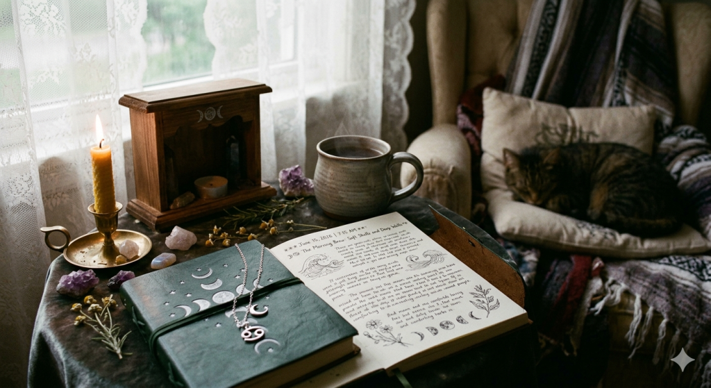 A cozy, witchy morning altar setup next to a window with lace curtains. An open journal features handwritten text, moon phases, and ocean illustrations. Nearby rests a steaming ceramic mug, a lit beeswax candle in a brass holder, raw crystals, and a leather journal with a Cancer zodiac charm. In the blurred background, a tabby cat sleeps curled up on a plaid armchair.