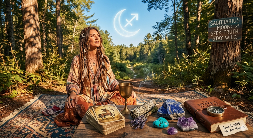A bohemian woman sitting in a sunny forest clearing next to an outdoor altar with tarot cards, crystals, and sage, under a glowing crescent moon and Sagittarius symbol.