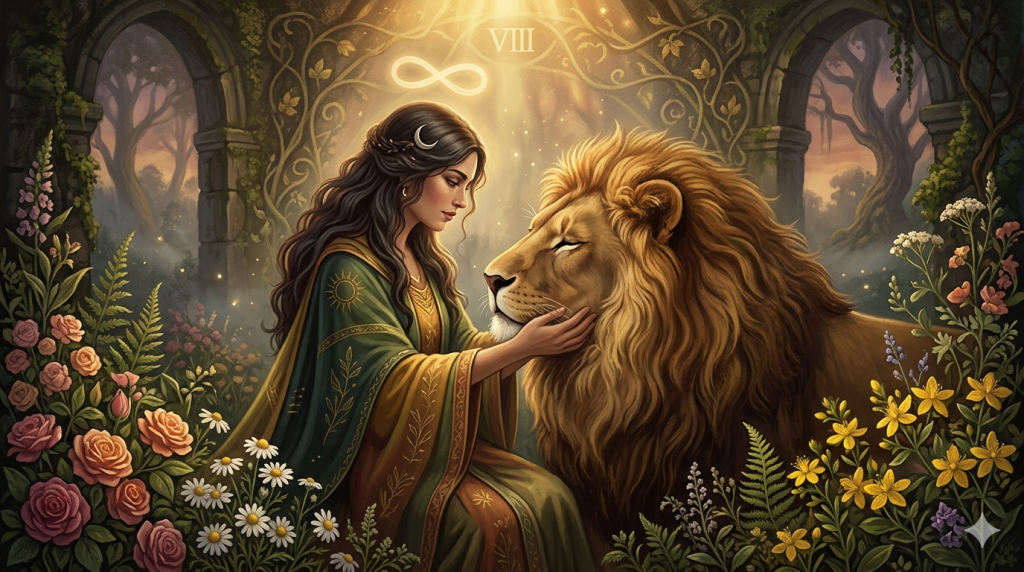 A moody, mystical illustration of the Strength tarot card. A serene woman with dark hair, wearing a green and gold gown with a crescent moon hairpiece, gently cradles the face of a majestic lion. They are surrounded by blooming roses, daisies, and St. John’s Wort under a glowing infinity symbol and ethereal golden light.