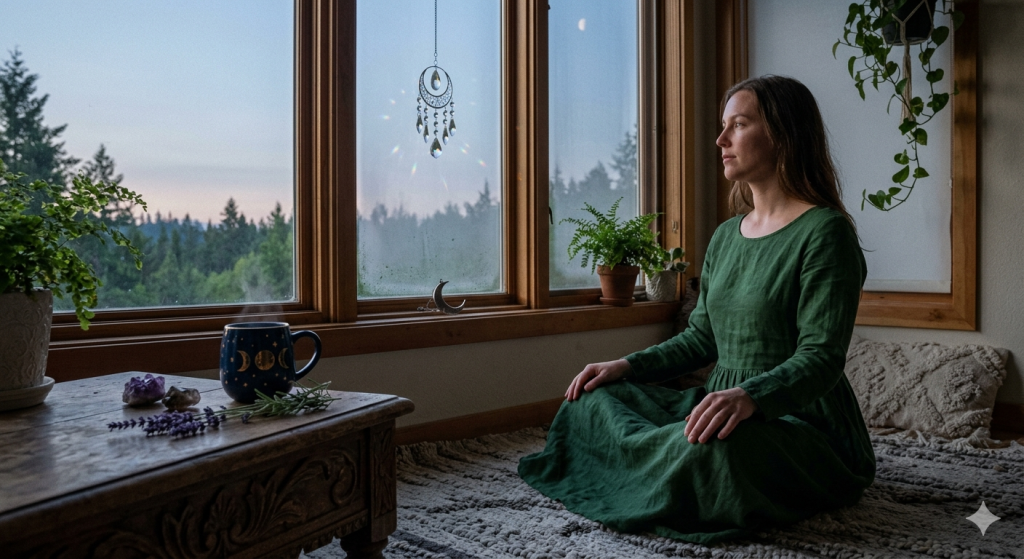A woman in a green linen dress sits cross-legged meditating on a woven rug by a large window overlooking a misty pine forest at dawn. A wooden coffee table holds a steaming crescent moon mug, lavender sprigs, and crystals, while a crystal suncatcher hangs in the window catching the early morning light.