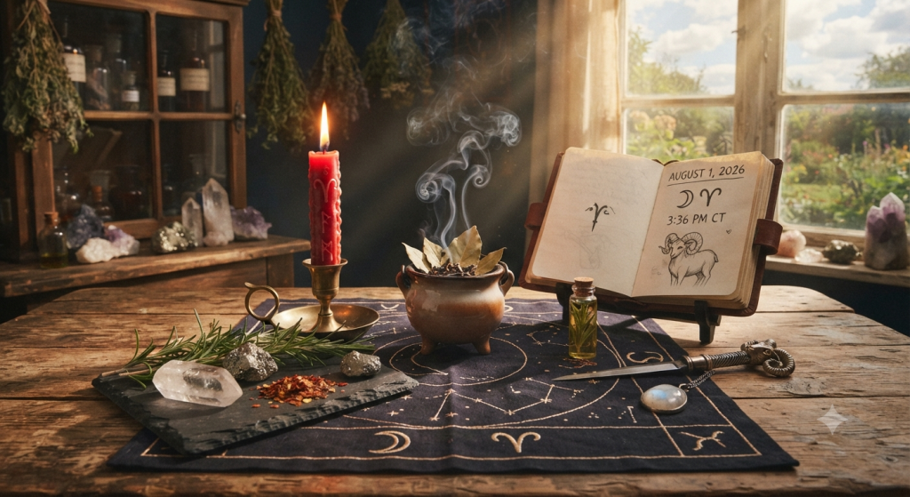 A rustic wooden table set up for an Aries Moon ritual, featuring a burning red candle in a brass holder, a smoking small ceramic cauldron with bay leaves, fresh rosemary, a slate plate with chili flakes and crystals, an open book displaying astrological notes, and an astrology cloth.