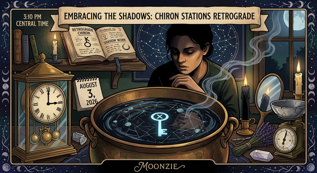 A practitioner gazing thoughtfully into a dark cauldron reflecting a glowing key symbol, surrounded by lit candles, a scrying mirror, dried herbs, a clock set to 3:10, and a calendar reading August 3, 2026.