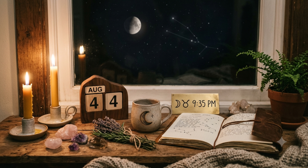 A cozy, witchy windowsill at night featuring glowing beeswax candles, a moon-adorned mug, crystals, an open grimoire, and bundles of dried lavender and rosemary, with the Taurus constellation and a crescent moon visible through the window.